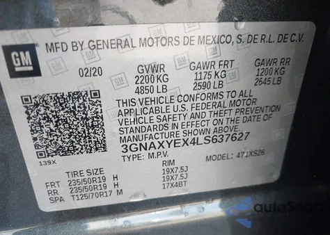 2020 Chevrolet Equinox Awd Premier 2.0L Turbo z USA, uszkodzony, nr VIN 3GNAXYEX4LS637627